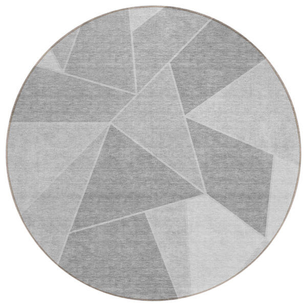 8' Gray Silver And Graphite Round Geometric Washable Indoor Outdoor Area Rug