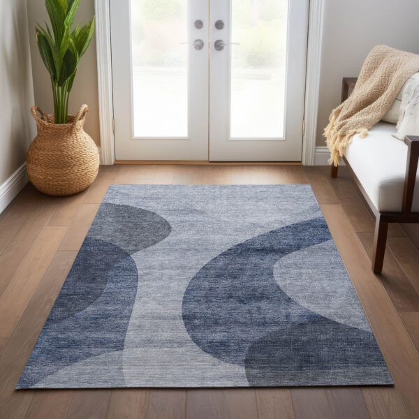 3' X 5' Denim Blue And Sky Blue Abstract Washable Indoor Outdoor Area Rug