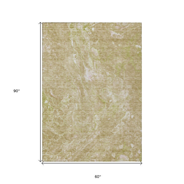 5' X 8' Beige Ivory And Artichoke Green Abstract Washable Indoor Outdoor Area Rug