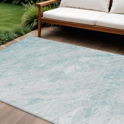 8' X 10' Aquamarine Aqua And Ivory Abstract Washable Indoor Outdoor Area Rug