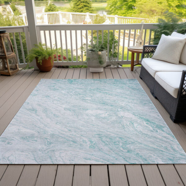 8' X 10' Aquamarine Aqua And Ivory Abstract Washable Indoor Outdoor Area Rug