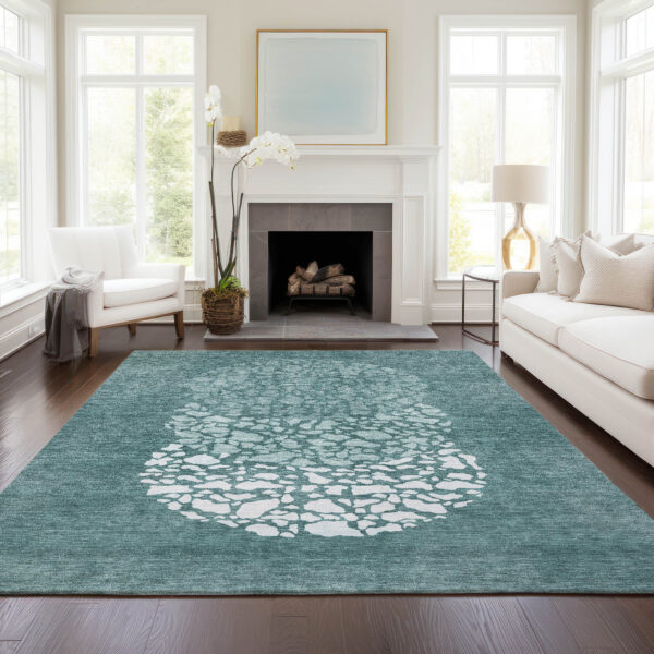 5' X 8' Dark Green Aqua And Ivory Abstract Washable Indoor Outdoor Area Rug