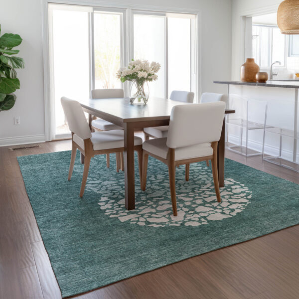 8' X 10' Dark Green Aqua And Ivory Abstract Washable Indoor Outdoor Area Rug