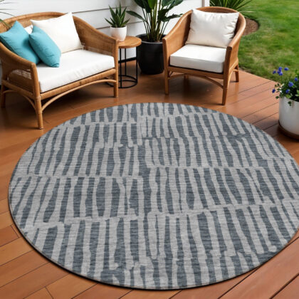 8' Charcoal And Gray Round Striped Washable Indoor Outdoor Area Rug