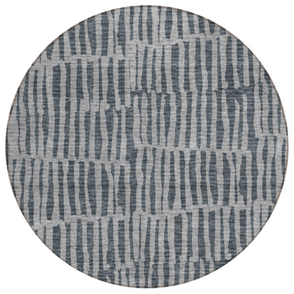 8' Charcoal And Gray Round Striped Washable Indoor Outdoor Area Rug