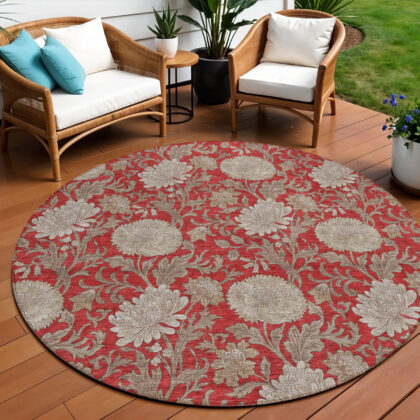 8' Red Taupe And Beige Round Floral Washable Indoor Outdoor Area Rug