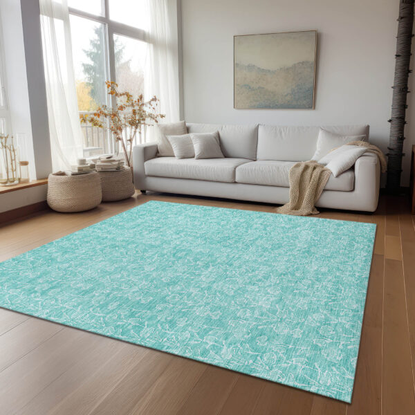 5' X 8' Teal Blue And Ivory Floral Washable Indoor Outdoor Area Rug