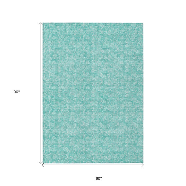 5' X 8' Teal Blue And Ivory Floral Washable Indoor Outdoor Area Rug