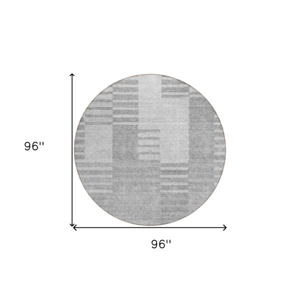 8' Silver Gray And Ivory Round Striped Washable Indoor Outdoor Area Rug
