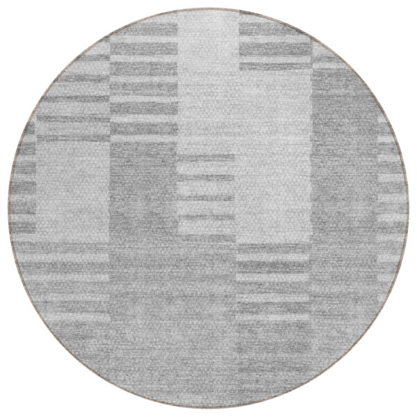 8' Silver Gray And Ivory Round Striped Washable Indoor Outdoor Area Rug