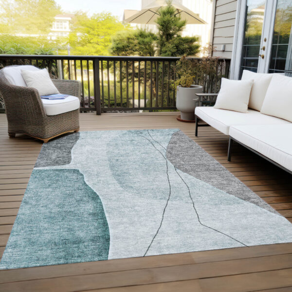 5' X 8' Teal Blue Aqua And Gray Abstract Washable Indoor Outdoor Area Rug