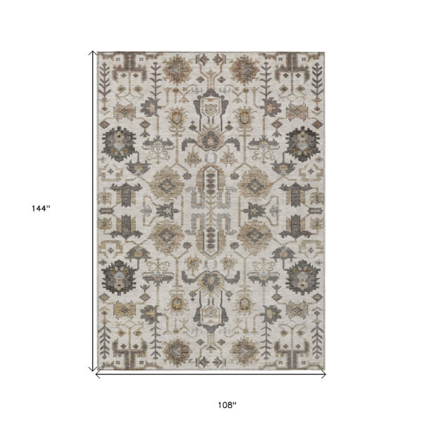 9' X 12' Ivory Beige And Taupe Oriental Washable Indoor Outdoor Area Rug