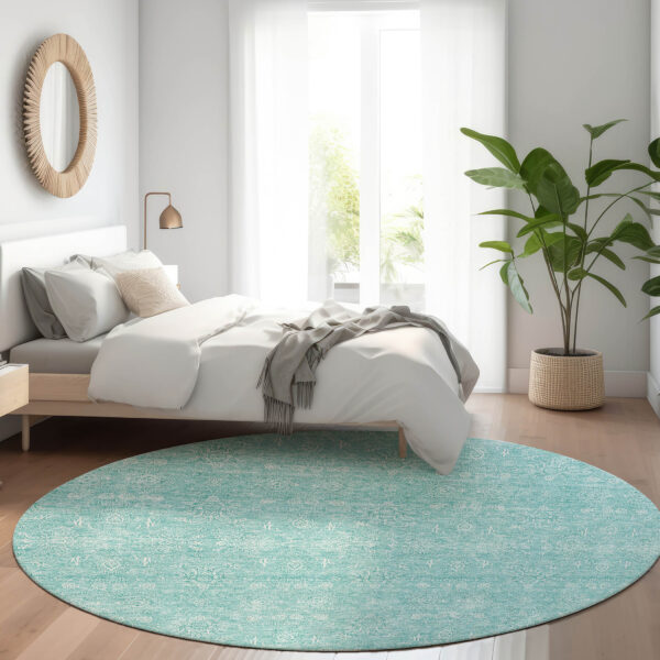 8' Aqua And Ivory Round Floral Washable Indoor Outdoor Area Rug