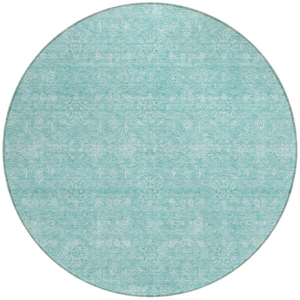 8' Aqua And Ivory Round Floral Washable Indoor Outdoor Area Rug
