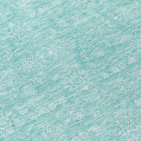 8' Aqua And Ivory Round Floral Washable Indoor Outdoor Area Rug
