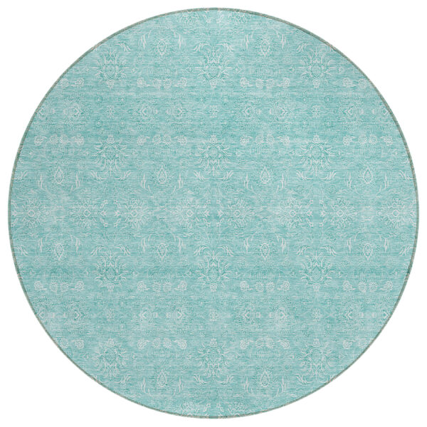 8' Aqua And Ivory Round Floral Washable Indoor Outdoor Area Rug