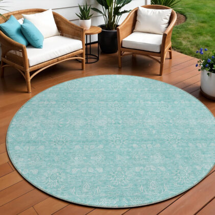 8' Aqua And Ivory Round Floral Washable Indoor Outdoor Area Rug
