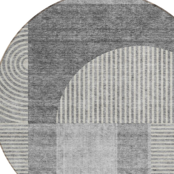 8' Gray Silver And Charcoal Round Geometric Washable Indoor Outdoor Area Rug