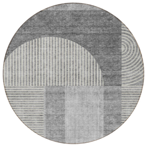 8' Gray Silver And Charcoal Round Geometric Washable Indoor Outdoor Area Rug