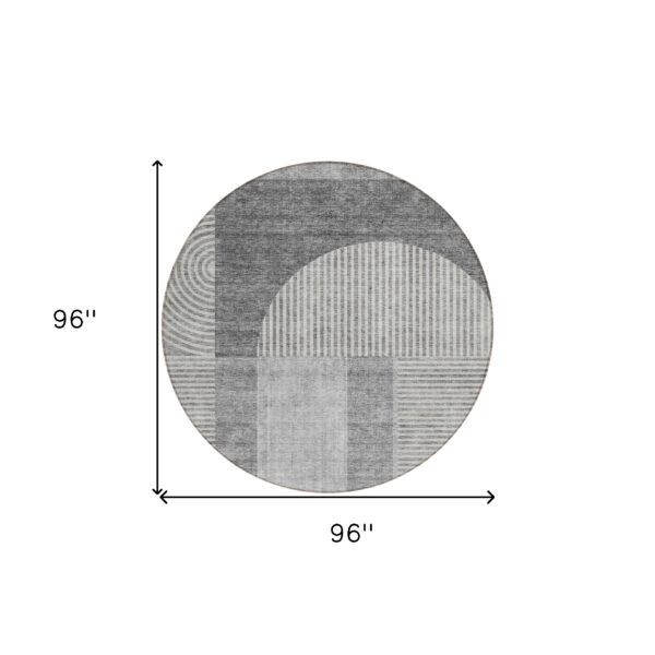 8' Gray Silver And Charcoal Round Geometric Washable Indoor Outdoor Area Rug