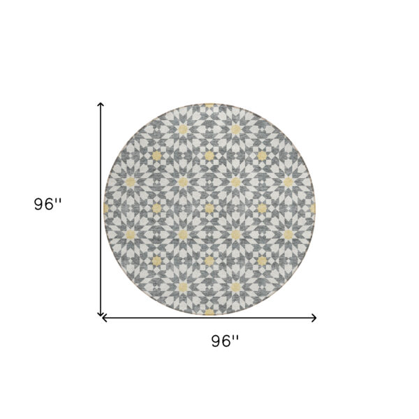 8' Gray Ivory And Gold Round Floral Medallion Washable Indoor Outdoor Area Rug