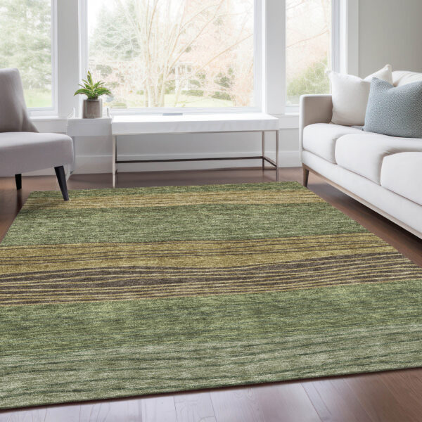 5' X 8' Olive Green And Chocolate Striped Washable Indoor Outdoor Area Rug