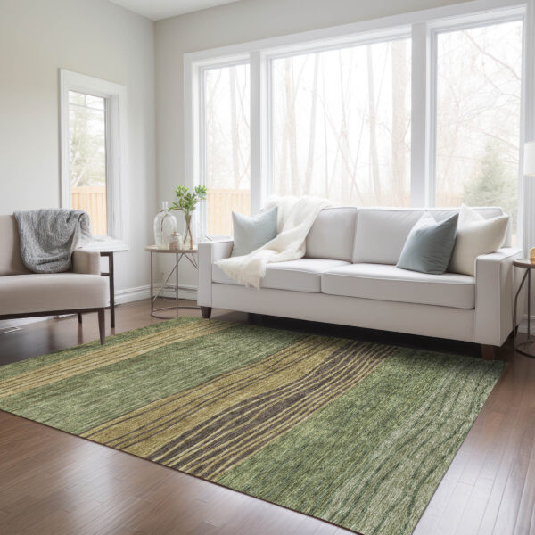 5' X 8' Olive Green And Chocolate Striped Washable Indoor Outdoor Area Rug