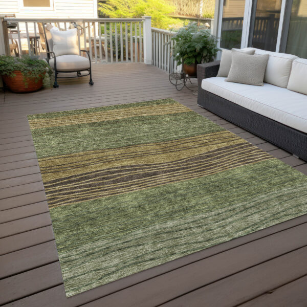 5' X 8' Olive Green And Chocolate Striped Washable Indoor Outdoor Area Rug