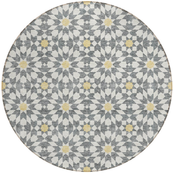 8' Gray Ivory And Gold Round Floral Medallion Washable Indoor Outdoor Area Rug