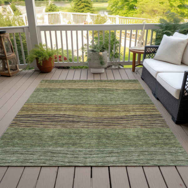 5' X 8' Olive Green And Chocolate Striped Washable Indoor Outdoor Area Rug