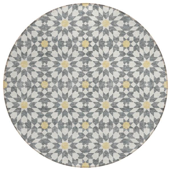 8' Gray Ivory And Gold Round Floral Medallion Washable Indoor Outdoor Area Rug