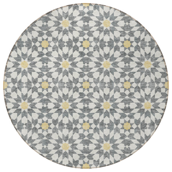 8' Gray Ivory And Gold Round Floral Medallion Washable Indoor Outdoor Area Rug