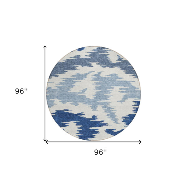 8' Navy Blue And Denim Blue Round Abstract Washable Indoor Outdoor Area Rug