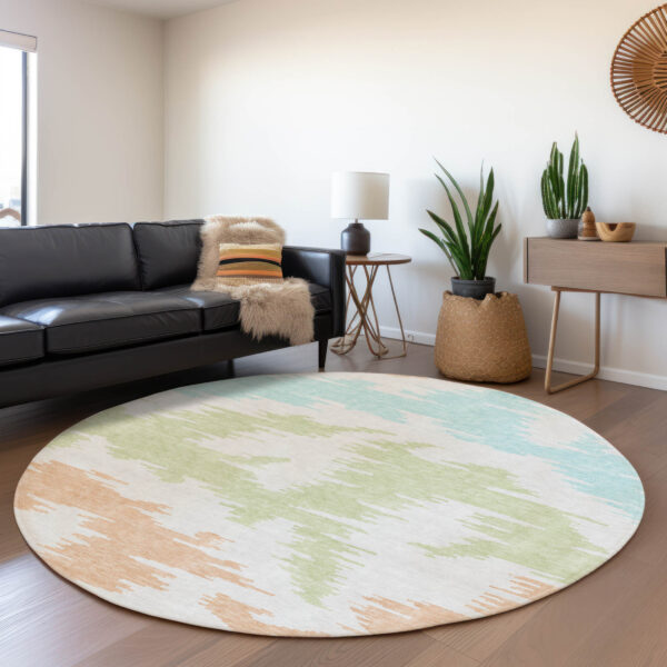 8' White Sky Blue And Artichoke Green Round Abstract Washable Indoor Outdoor Area Rug