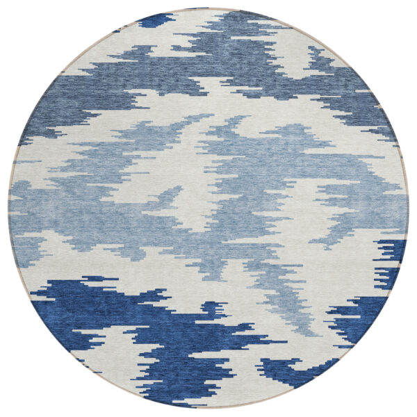 8' Navy Blue And Denim Blue Round Abstract Washable Indoor Outdoor Area Rug