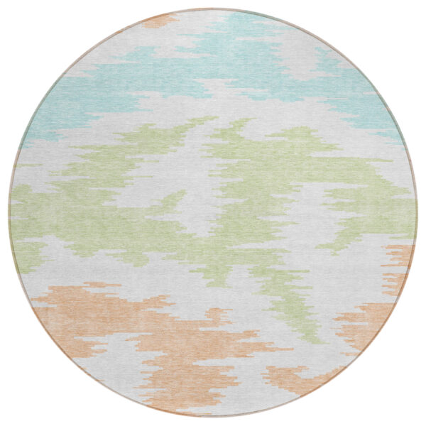 8' White Sky Blue And Artichoke Green Round Abstract Washable Indoor Outdoor Area Rug