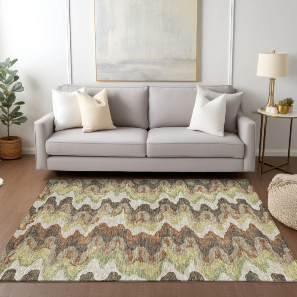 9' X 12' Chocolate Copper And Artichoke Green Abstract Washable Indoor Outdoor Area Rug