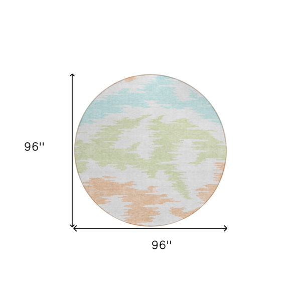 8' White Sky Blue And Artichoke Green Round Abstract Washable Indoor Outdoor Area Rug
