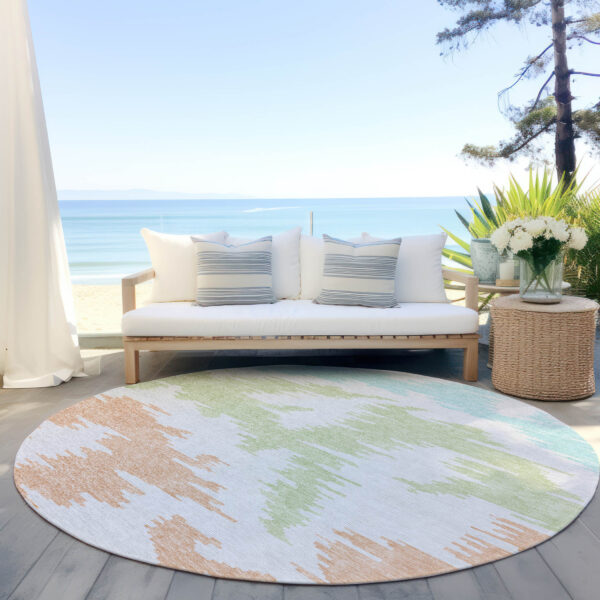 8' White Sky Blue And Artichoke Green Round Abstract Washable Indoor Outdoor Area Rug