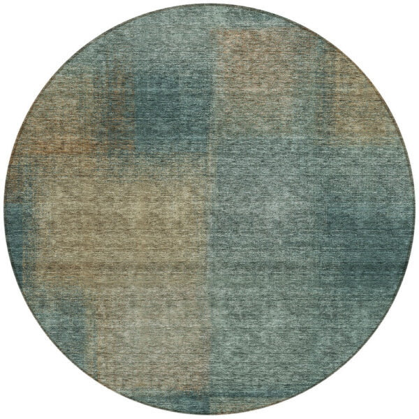 8' Teal Blue Brown And Taupe Round Abstract Washable Indoor Outdoor Area Rug