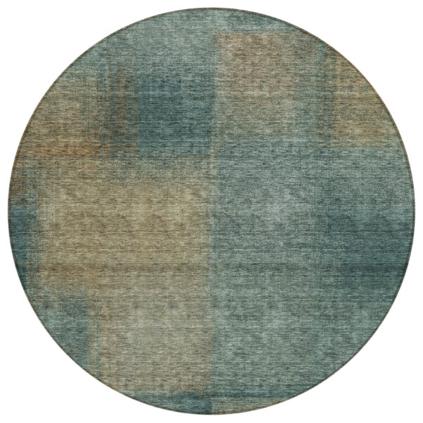8' Teal Blue Brown And Taupe Round Abstract Washable Indoor Outdoor Area Rug