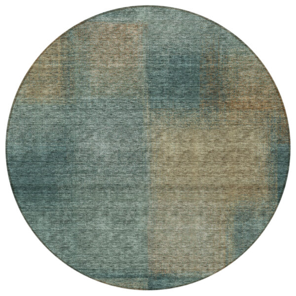 8' Teal Blue Brown And Taupe Round Abstract Washable Indoor Outdoor Area Rug