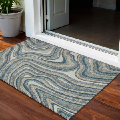 3' X 5' Teal Blue Gray And Taupe Abstract Washable Indoor Outdoor Area Rug