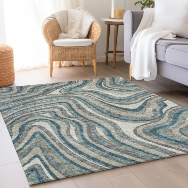 3' X 5' Teal Blue Gray And Taupe Abstract Washable Indoor Outdoor Area Rug