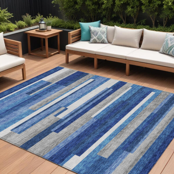8' X 10' Navy Blue And Denim Blue Striped Washable Indoor Outdoor Area Rug