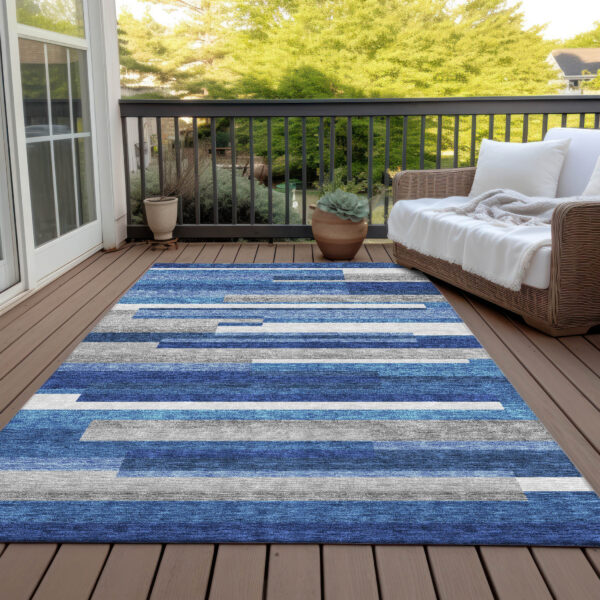 8' X 10' Navy Blue And Denim Blue Striped Washable Indoor Outdoor Area Rug