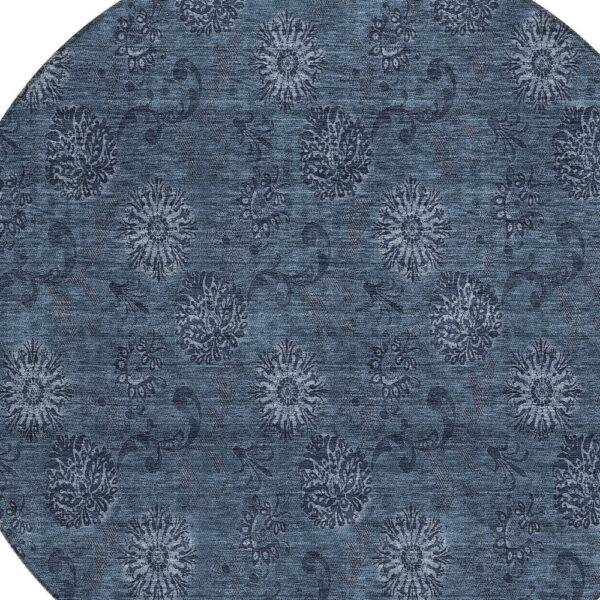 8' Blue And Navy Blue Round Floral Washable Indoor Outdoor Area Rug