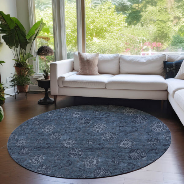 8' Blue And Navy Blue Round Floral Washable Indoor Outdoor Area Rug