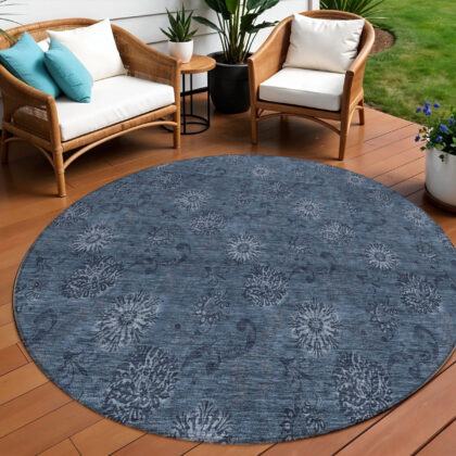 8' Blue And Navy Blue Round Floral Washable Indoor Outdoor Area Rug