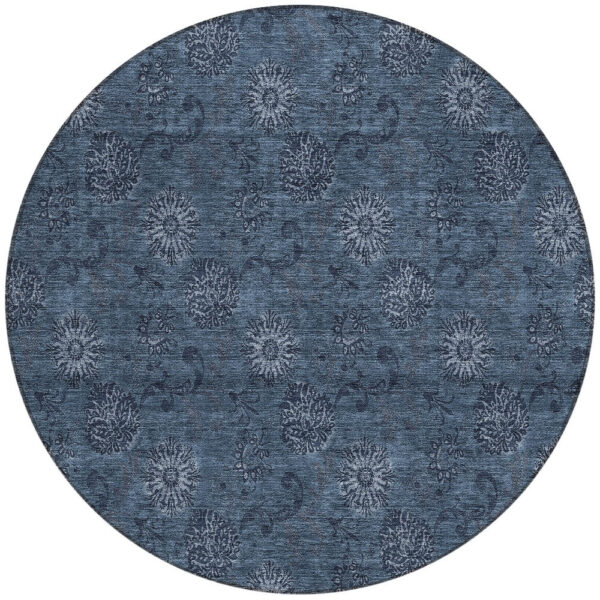 8' Blue And Navy Blue Round Floral Washable Indoor Outdoor Area Rug